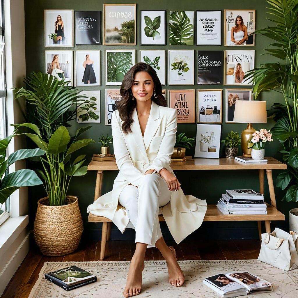 A stylish woman surrounded by fashion magazines, wellness products, and a journal, exuding confidence and grace. Incorporate elements like a stylish outfit, a serene indoor setting with plants, and inspirational quotes on the walls. Include a warm color palette to evoke a cozy atmosphere. super-realistic. vibrant colors. natural light.