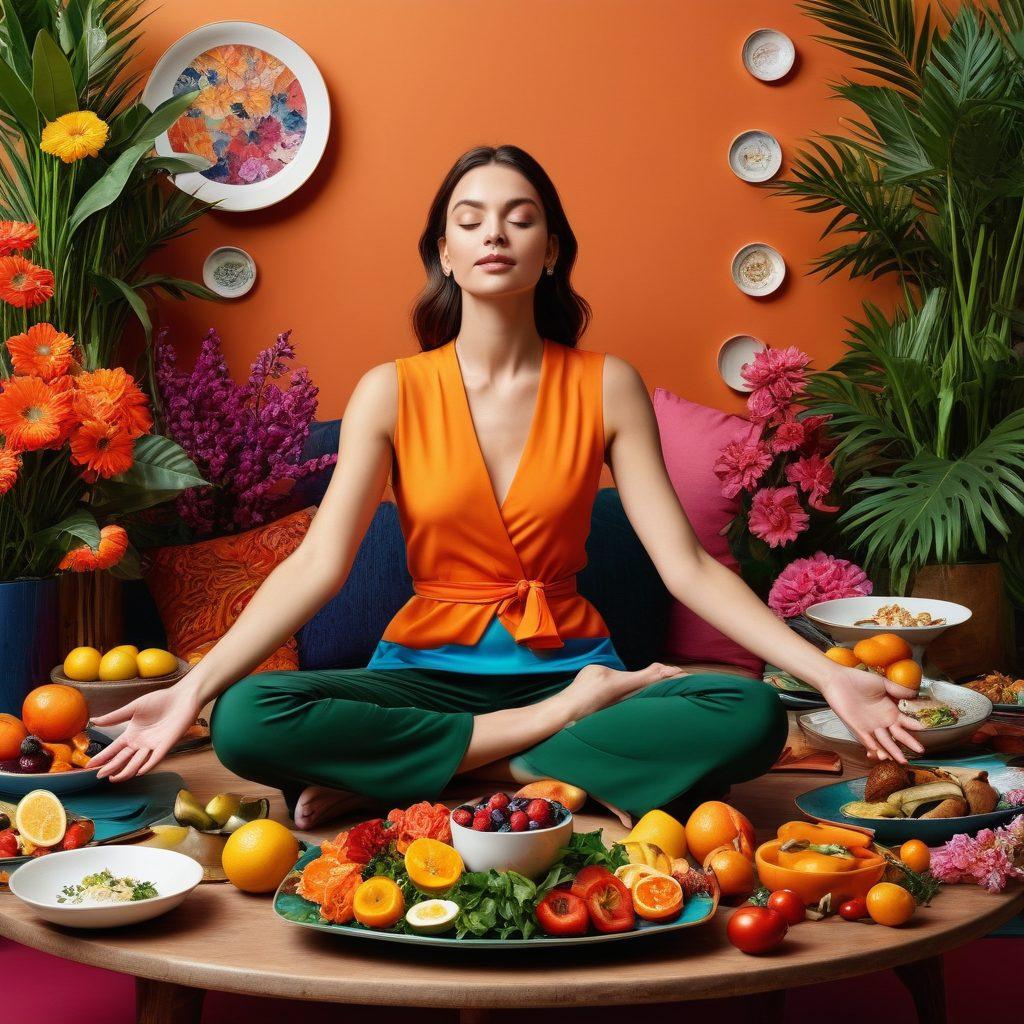 A vibrant collage featuring a stylish woman savoring a gourmet dish, surrounded by fashionable outfits and mindfulness symbols like yoga and meditation. Incorporate bright colors and textures to enhance the sensory experience. Include elements of nature, like flowers and greenery, to reflect a balanced lifestyle. super-realistic. vibrant colors.